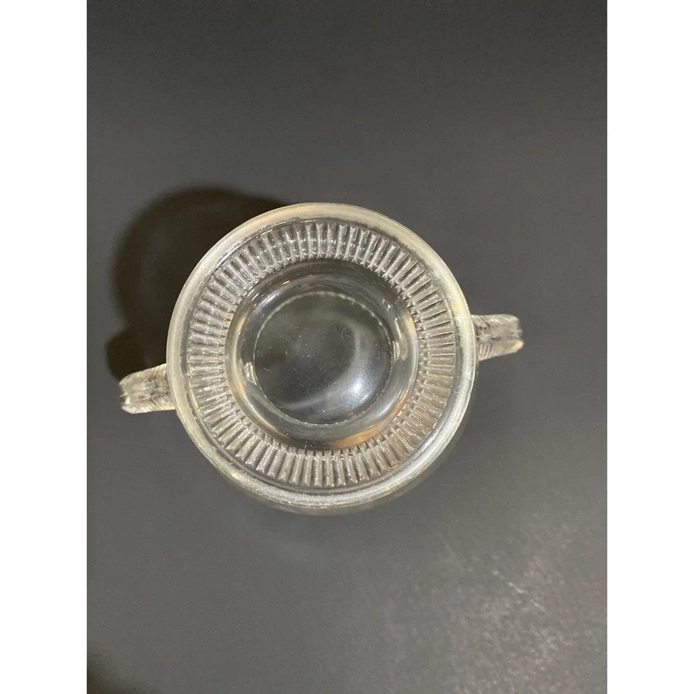 Vintage Greentown Clear‎ Pleat Band Pattern Two Handled Spooner Etched Leaf RARE